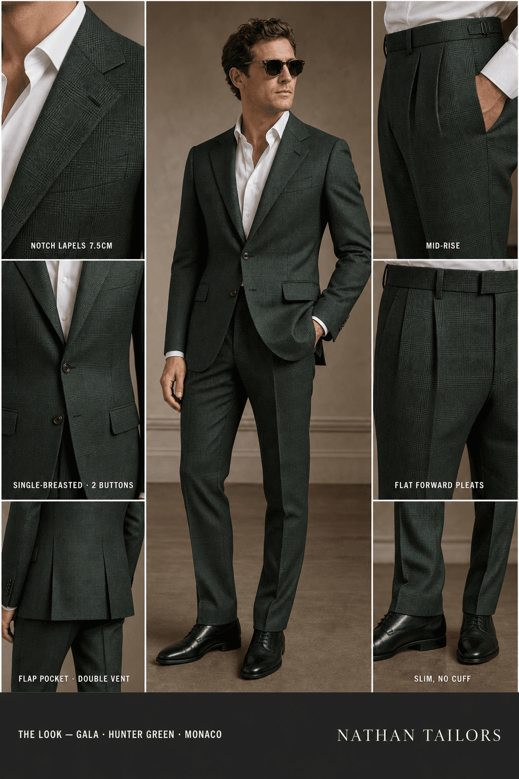 hunter green glen plaid single-breasted notch-lapel online custom suit — designed online at RemoteSuit. Made-to-measure online custom suit available from $129.