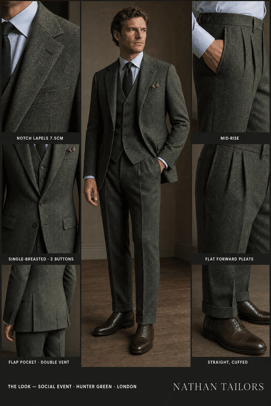 hunter green herringbone single-breasted notch-lapel online custom suit — designed online at RemoteSuit. Made-to-measure online custom suit available from $129.