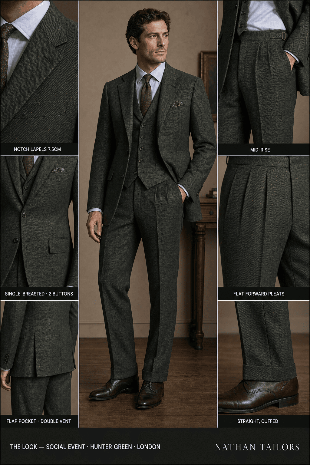 hunter green herringbone single-breasted notch-lapel online custom suit — designed online at RemoteSuit. Made-to-measure online custom suit available from $129.