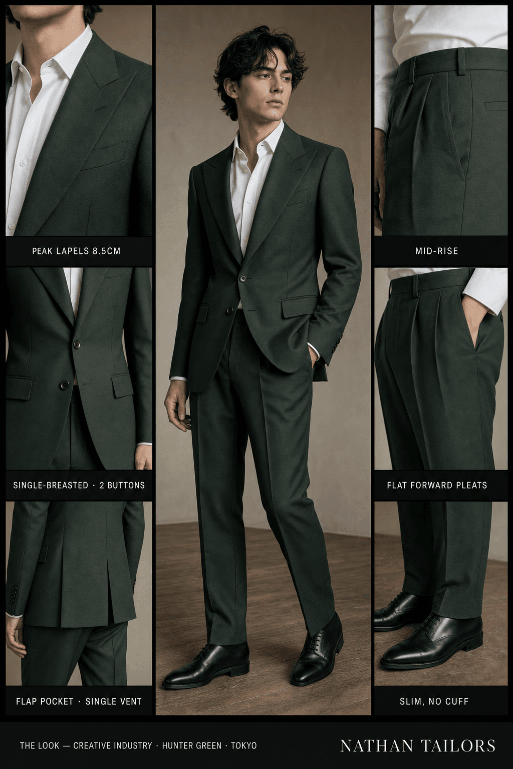 hunter green single-breasted peak-lapel online custom suit — designed online at RemoteSuit. Made-to-measure online custom suit available from $129.