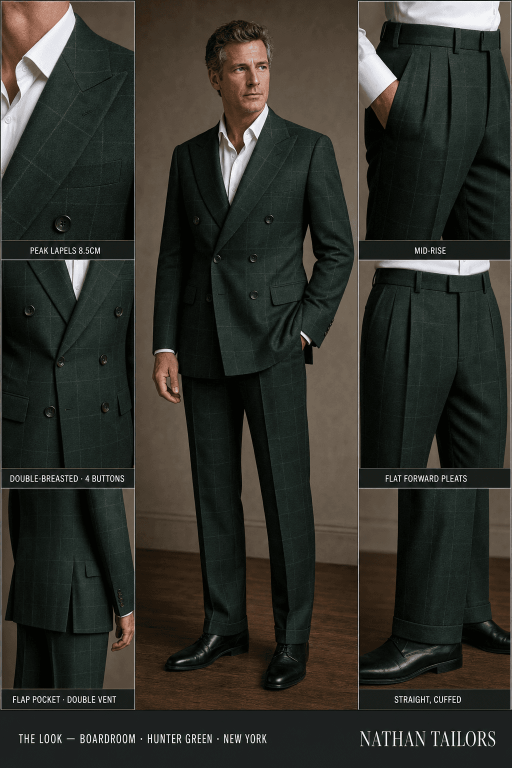 hunter green windowpane double-breasted peak-lapel online custom suit — designed online at RemoteSuit. Made-to-measure online custom suit available from $129.