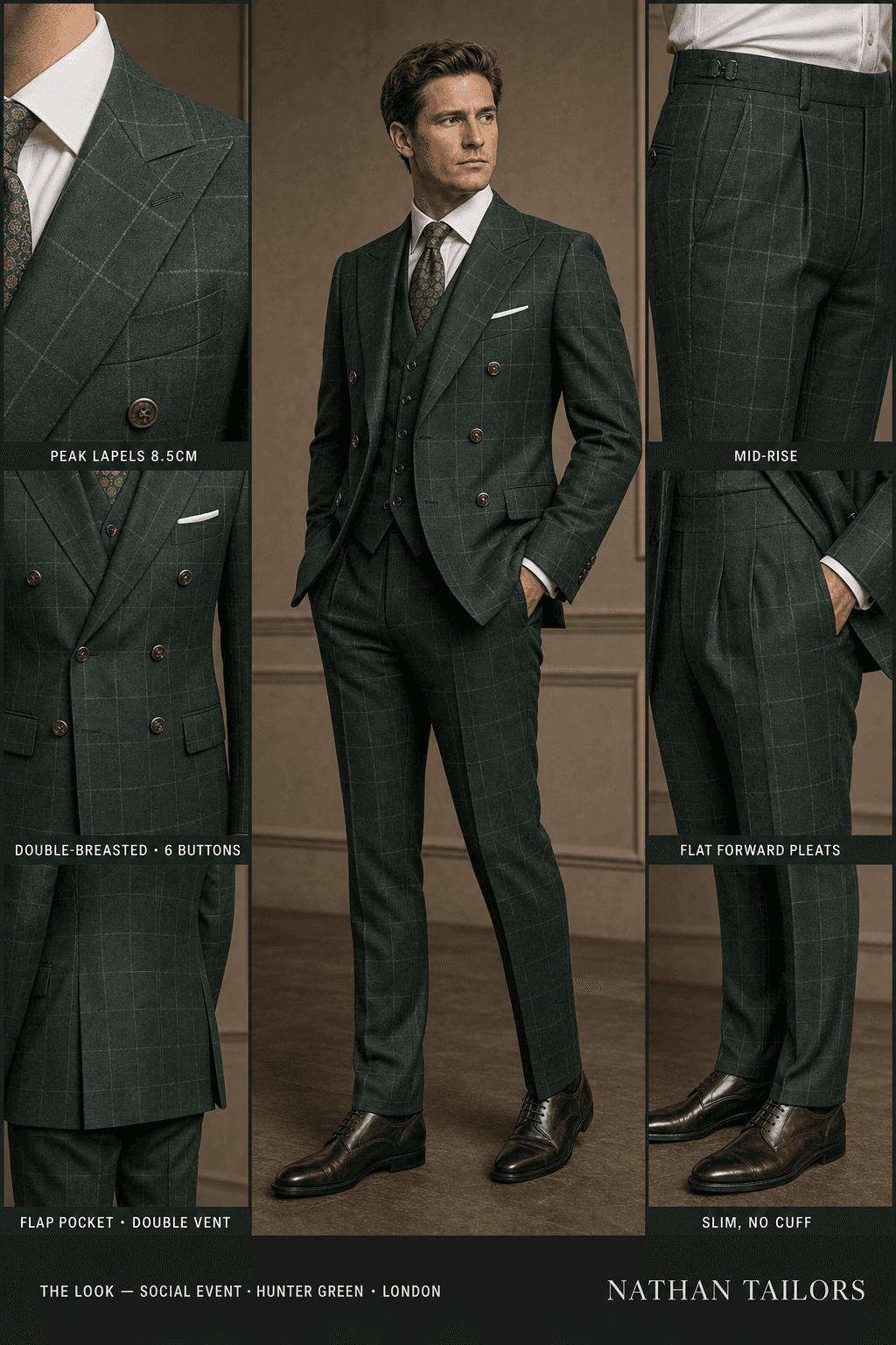 hunter green windowpane double-breasted peak-lapel online custom suit — designed online at RemoteSuit. Made-to-measure online custom suit available from $129.