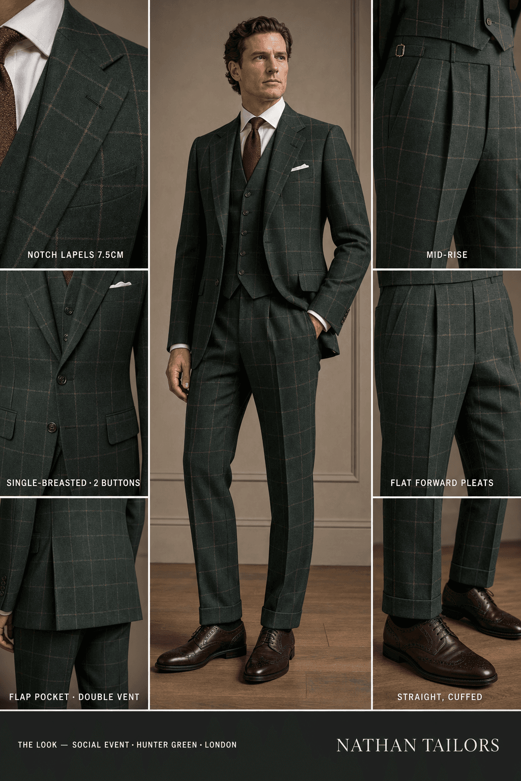 hunter green windowpane single-breasted notch-lapel online custom suit — designed online at RemoteSuit. Made-to-measure online custom suit available from $129.