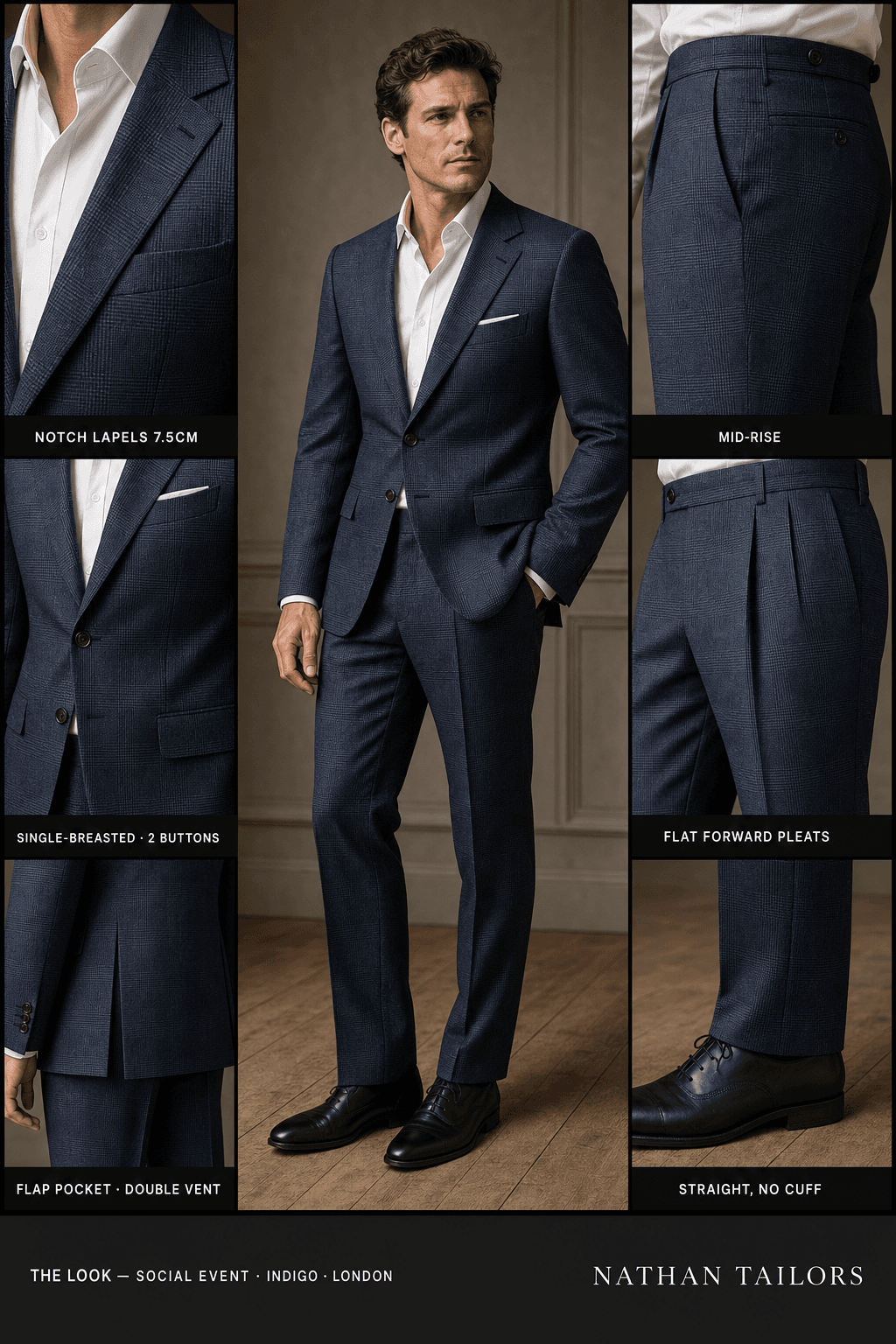 indigo glen plaid single-breasted notch-lapel online custom suit — designed online at RemoteSuit. Made-to-measure online custom suit available from $129.