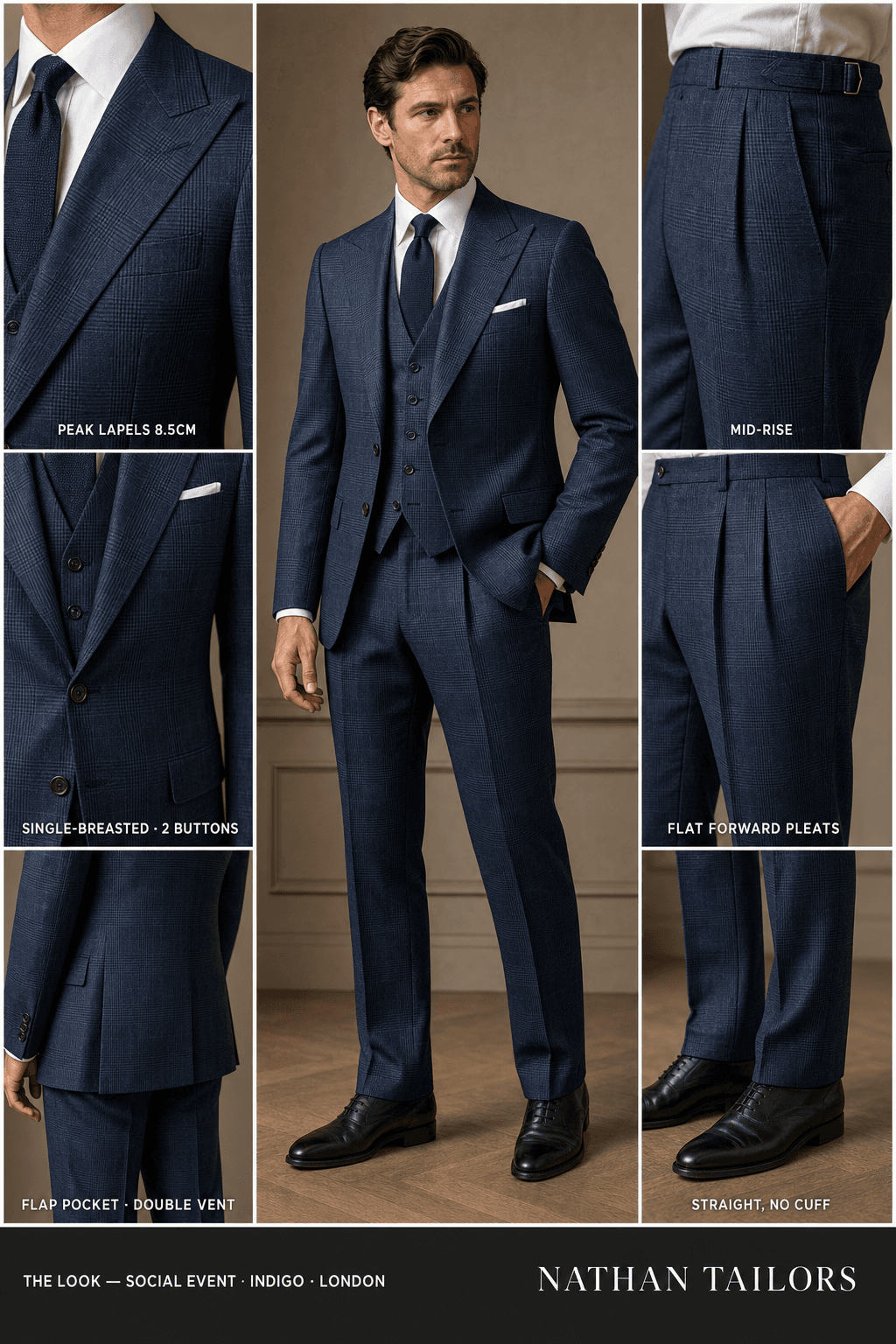 indigo glen plaid single-breasted peak-lapel online custom suit — designed online at RemoteSuit. Made-to-measure online custom suit available from $129.