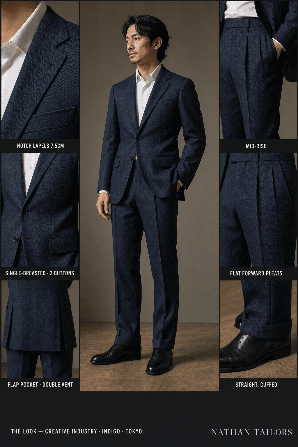 indigo herringbone single-breasted notch-lapel online custom suit — designed online at RemoteSuit. Made-to-measure online custom suit available from $129.