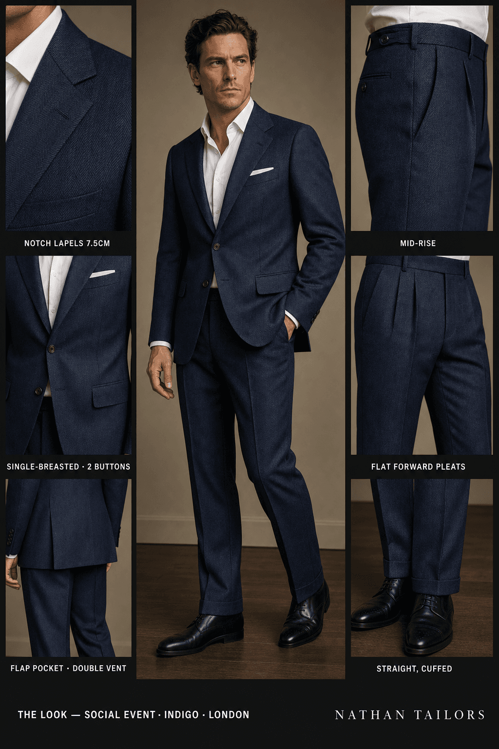 indigo herringbone single-breasted notch-lapel online custom suit — designed online at RemoteSuit. Made-to-measure online custom suit available from $129.