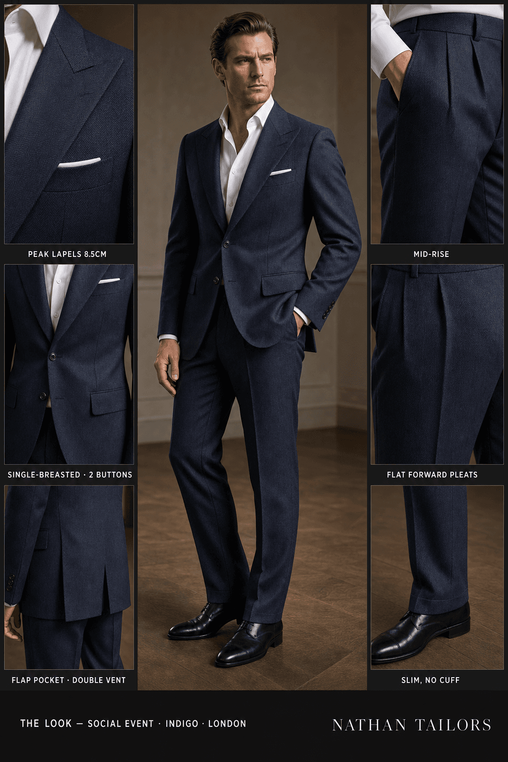 indigo herringbone single-breasted peak-lapel online custom suit — designed online at RemoteSuit. Made-to-measure online custom suit available from $129.