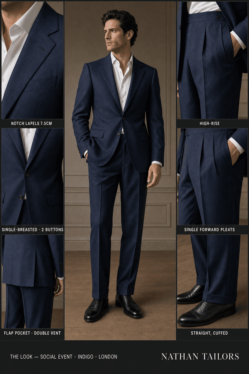 indigo single-breasted notch-lapel online custom suit — designed online at RemoteSuit. Made-to-measure online custom suit available from $129.