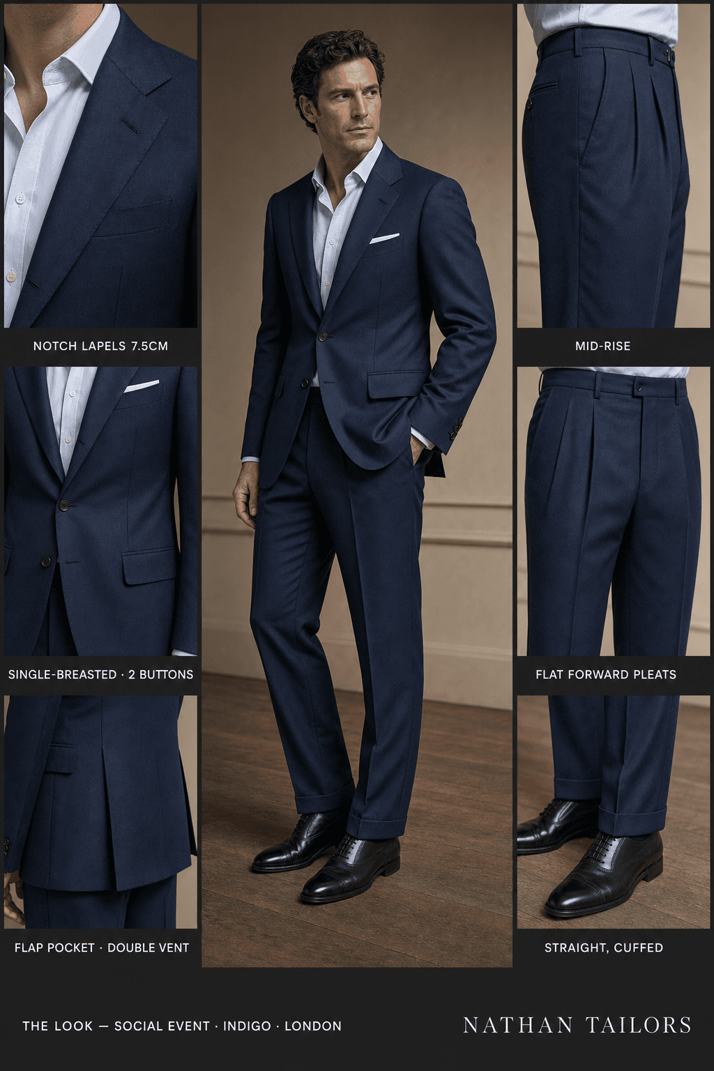 indigo single-breasted notch-lapel online custom suit — designed online at RemoteSuit. Made-to-measure online custom suit available from $129.