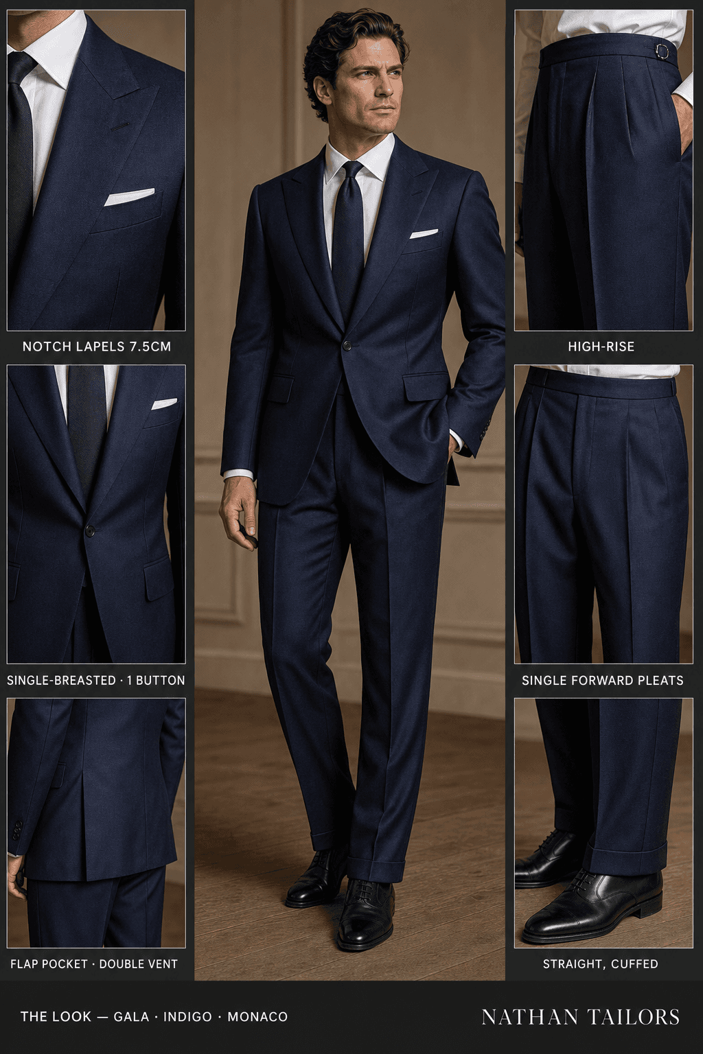 indigo single-breasted notch-lapel online custom suit — designed online at RemoteSuit. Made-to-measure online custom suit available from $149.