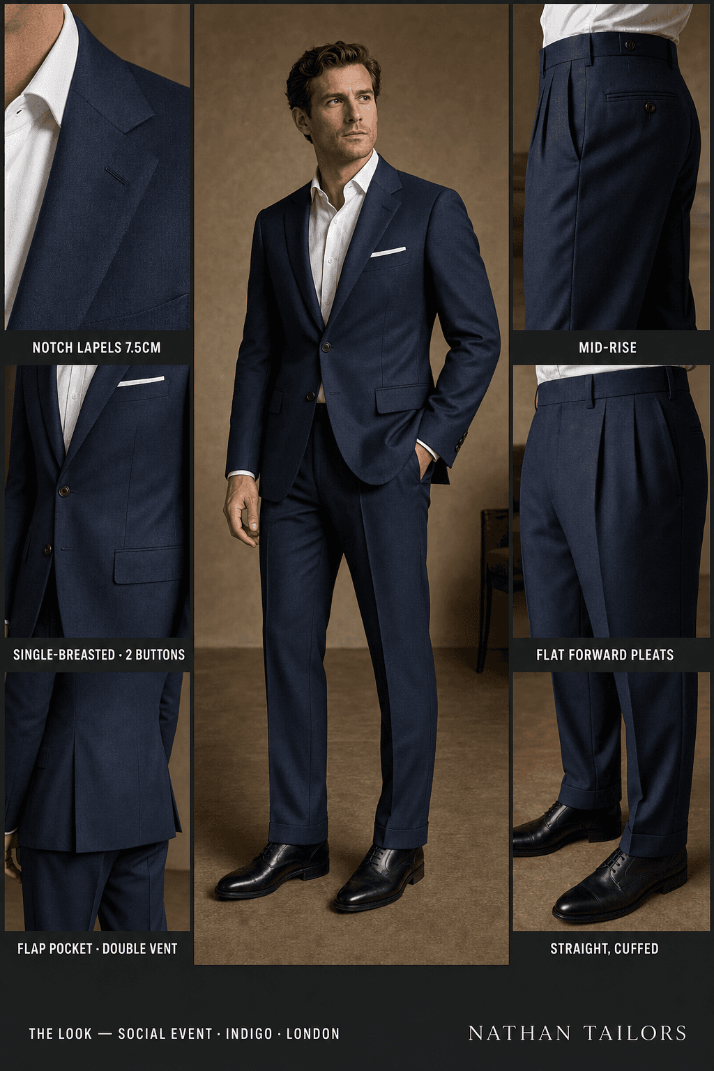 indigo single-breasted notch-lapel online custom suit — designed online at RemoteSuit. Made-to-measure online custom suit available from $129.