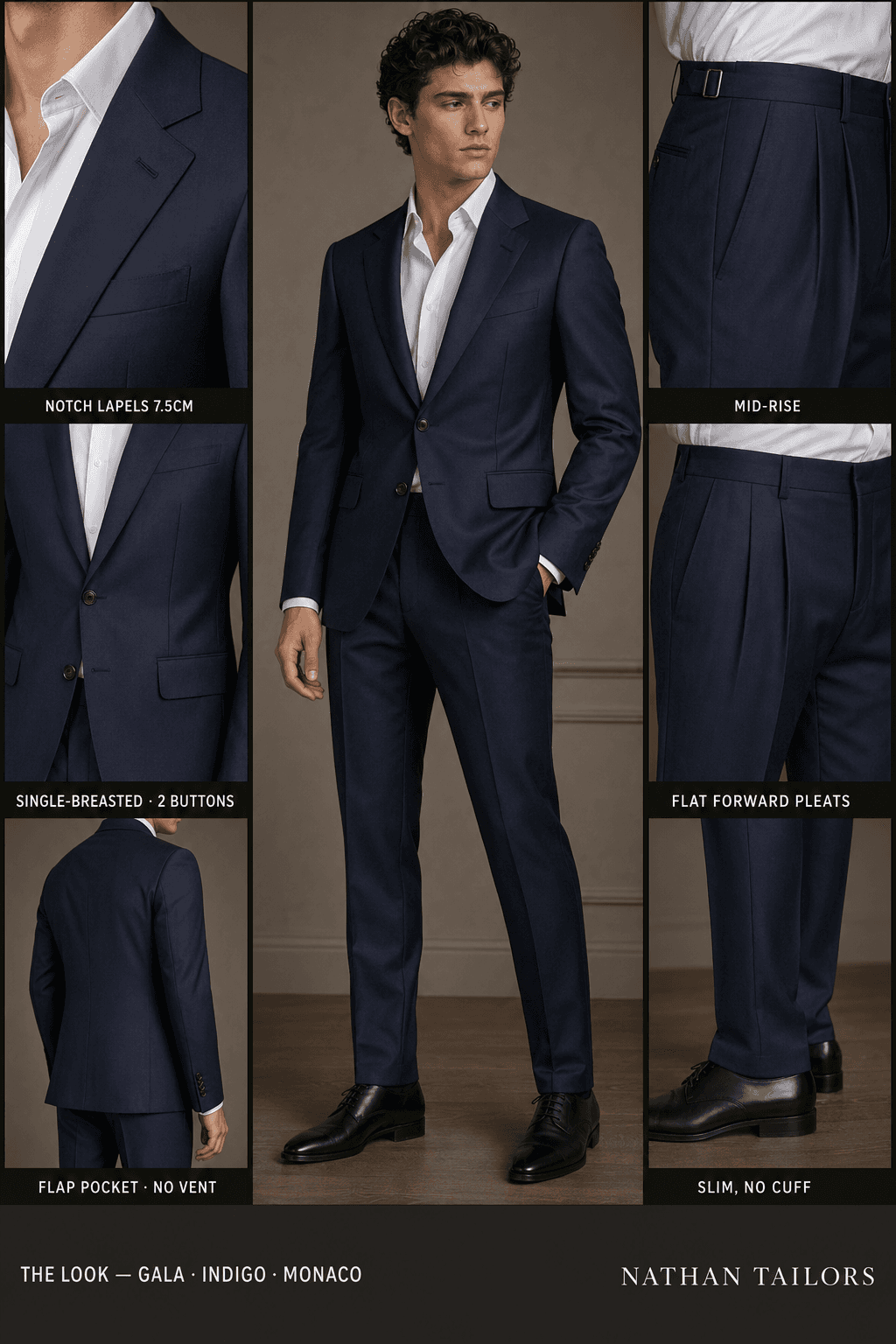 indigo single-breasted notch-lapel online custom suit — designed online at RemoteSuit. Made-to-measure online custom suit available from $109.