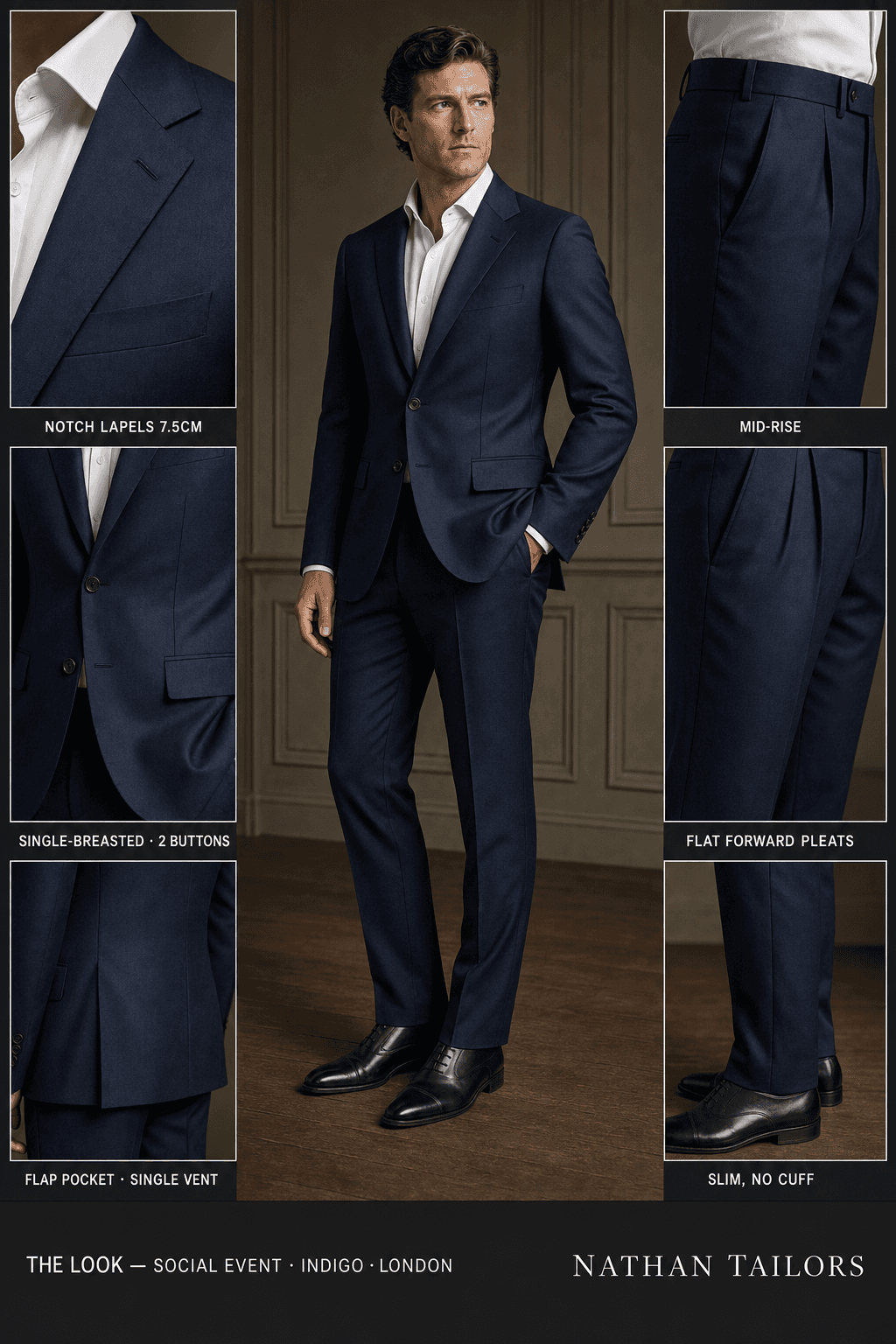 indigo single-breasted notch-lapel online custom suit — designed online at RemoteSuit. Made-to-measure online custom suit available from $129.