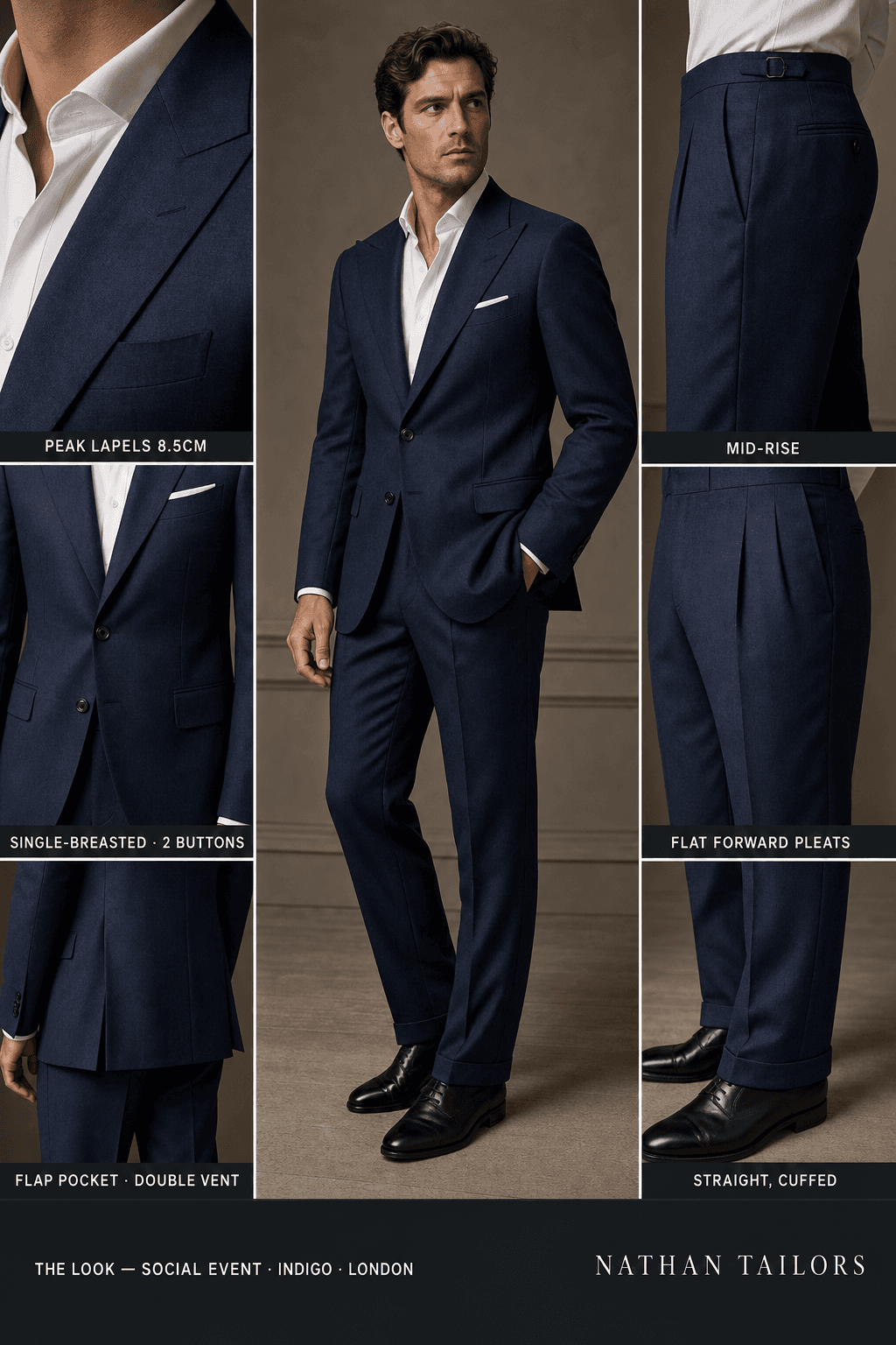 indigo single-breasted peak-lapel online custom suit — designed online at RemoteSuit. Made-to-measure online custom suit available from $129.