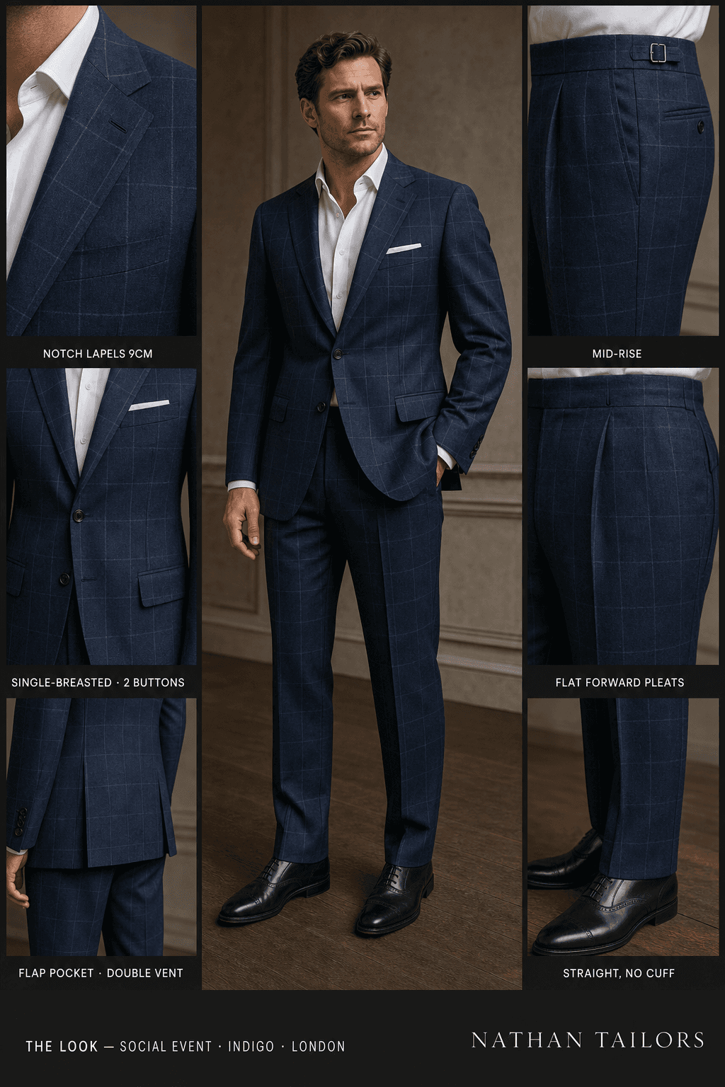 indigo windowpane single-breasted notch-lapel online custom suit — designed online at RemoteSuit. Made-to-measure online custom suit available from $129.