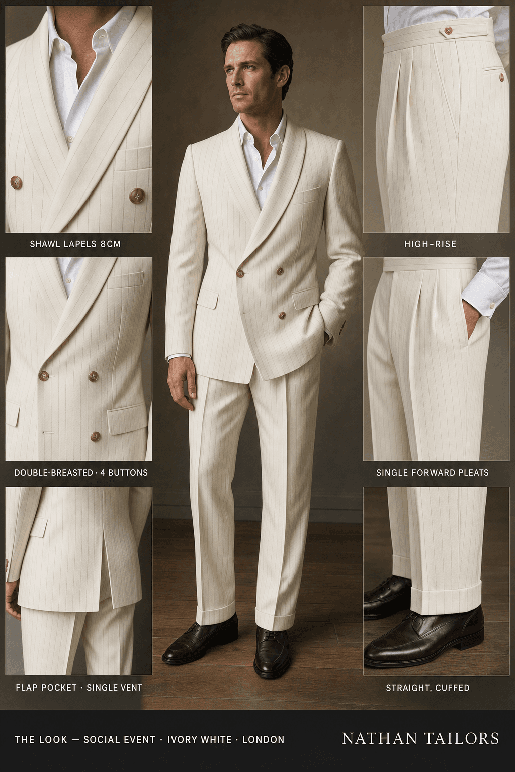 ivory white pinstripe double-breasted shawl-lapel online custom suit — designed online at RemoteSuit. Made-to-measure online custom suit available from $129.