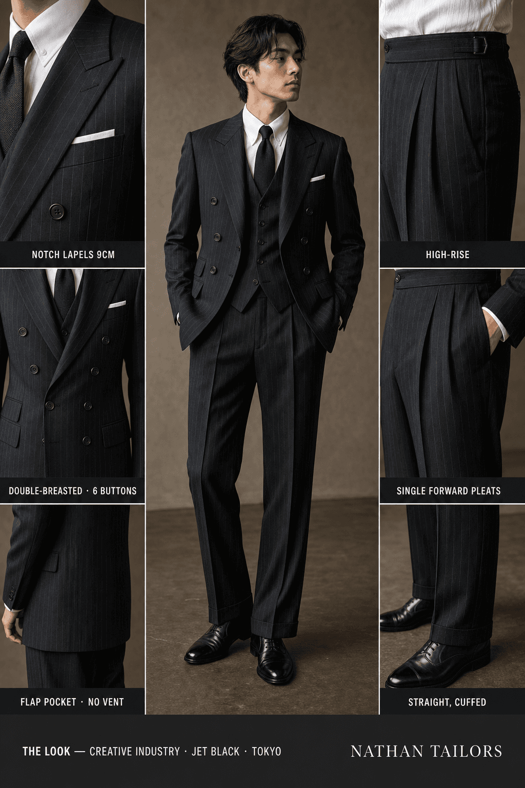 jet black chalk stripe double-breasted notch-lapel online custom suit — designed online at RemoteSuit. Made-to-measure online custom suit available from $129.