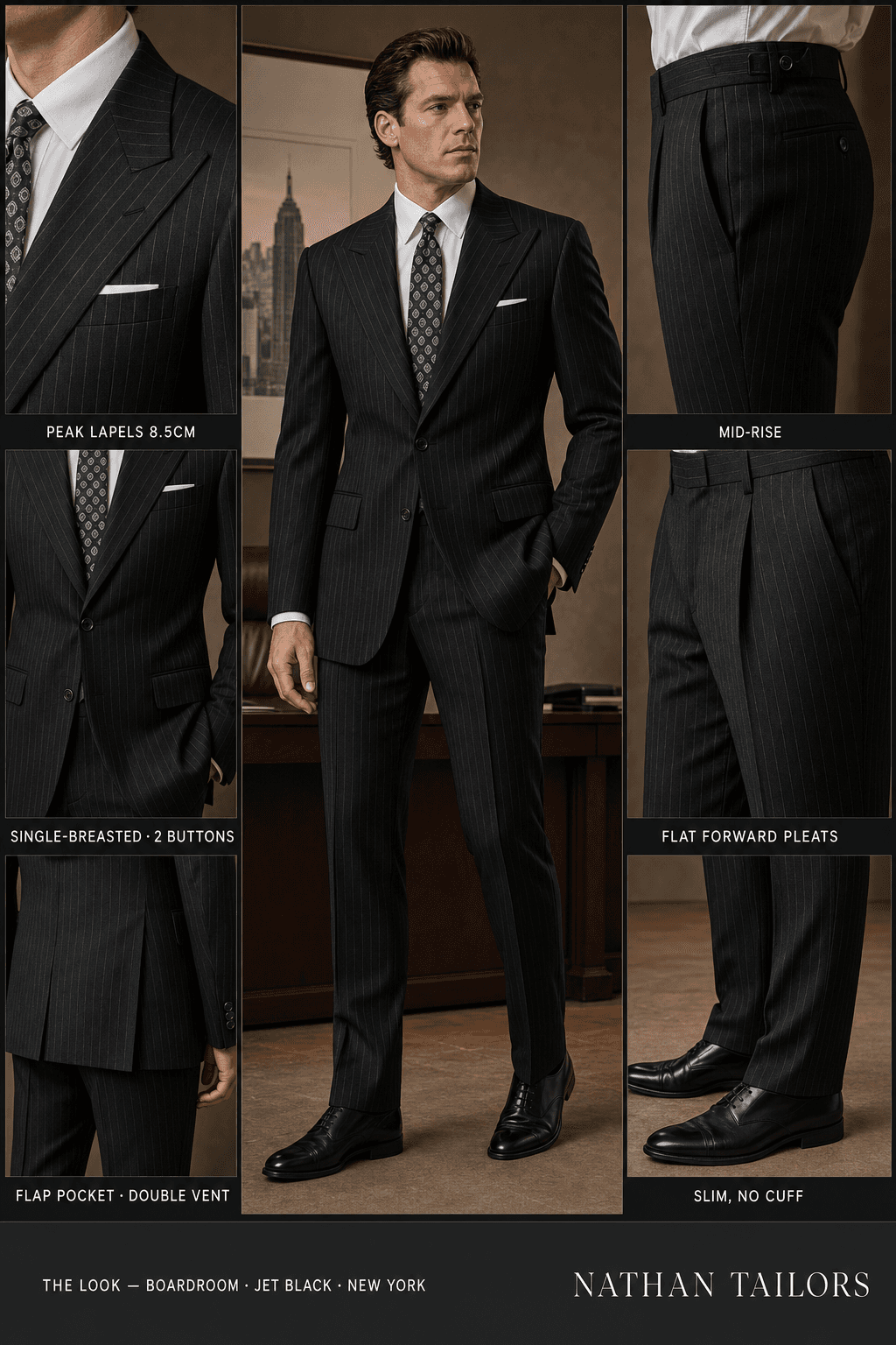 jet black chalk stripe single-breasted peak-lapel online custom suit — designed online at RemoteSuit. Made-to-measure online custom suit available from $129.
