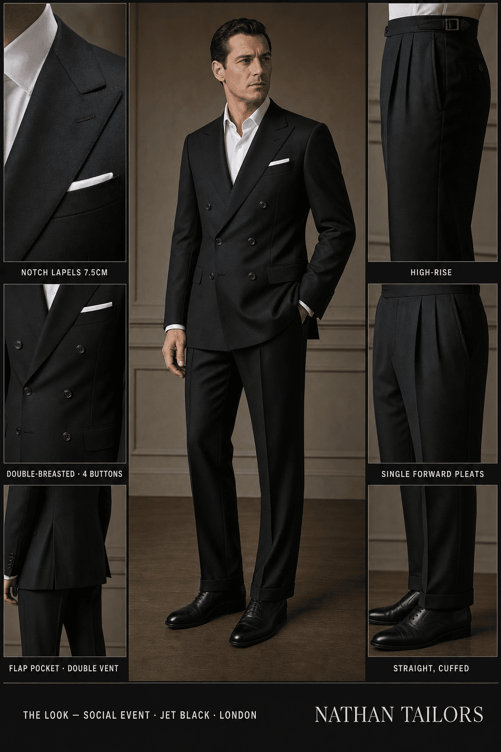 jet black double-breasted notch-lapel online custom suit — designed online at RemoteSuit. Made-to-measure online custom suit available from $129.