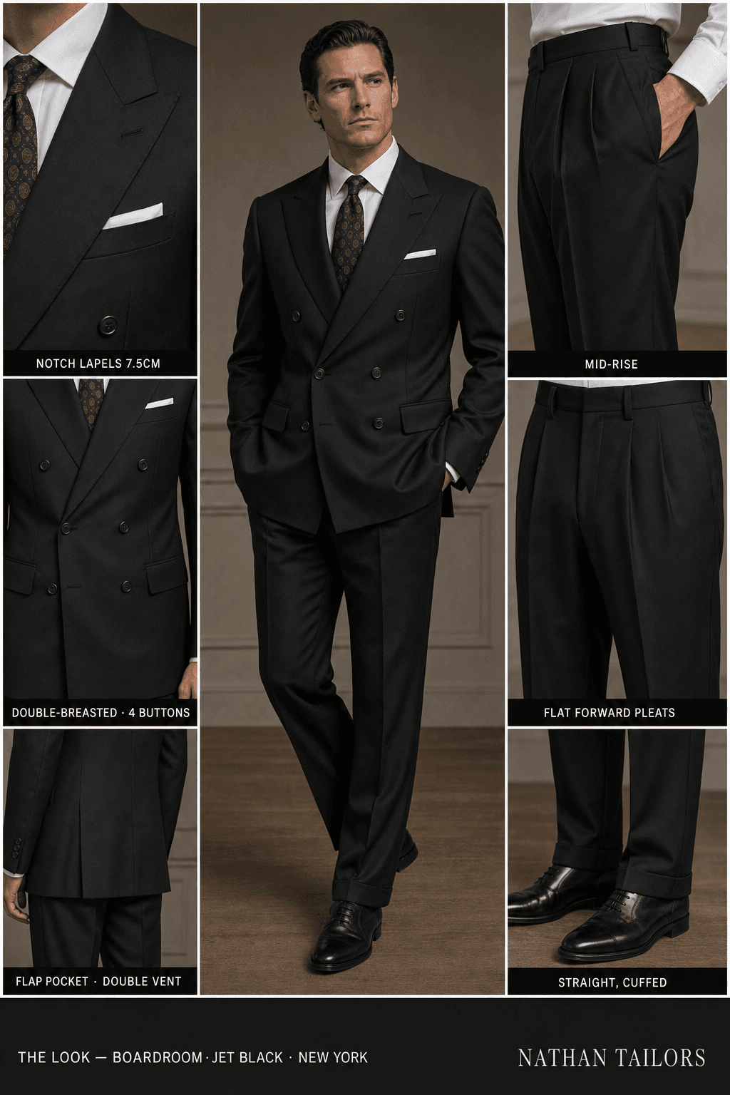 jet black double-breasted online custom suit — designed at RemoteSuit, made to measure online