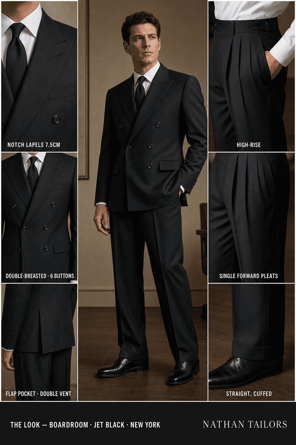 jet black double-breasted notch-lapel online custom suit — designed online at RemoteSuit. Made-to-measure online custom suit available from $149.
