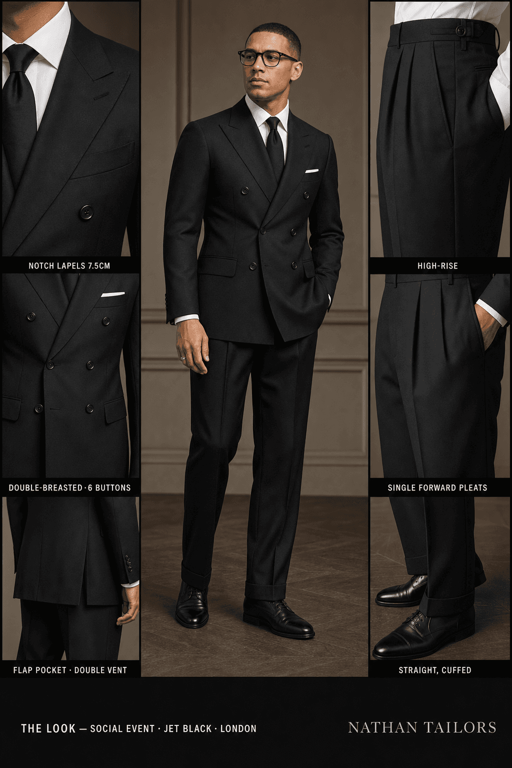 jet black double-breasted notch-lapel online custom suit — designed online at RemoteSuit. Made-to-measure online custom suit available from $149.