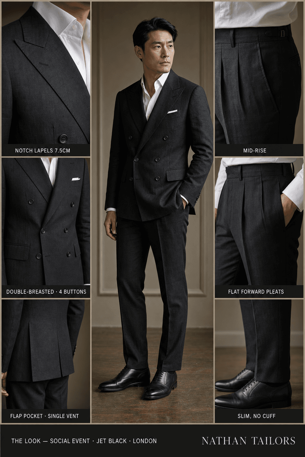 jet black double-breasted online custom suit — designed at RemoteSuit, made to measure online
