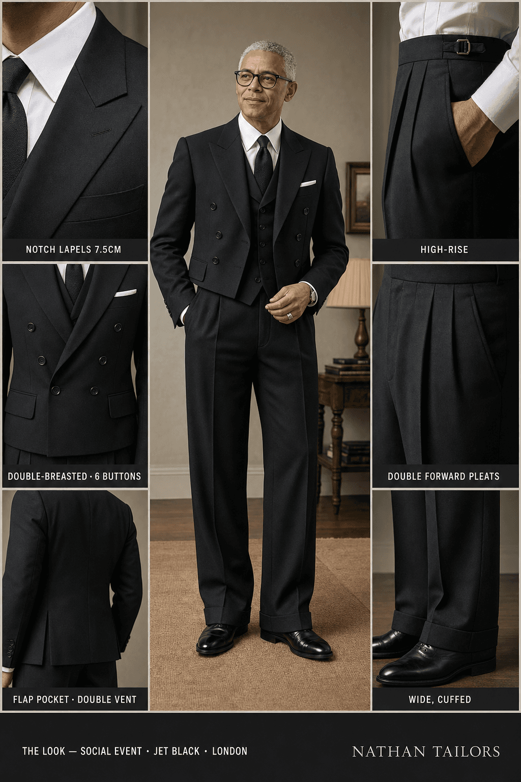 jet black double-breasted notch-lapel online custom suit — designed online at RemoteSuit. Made-to-measure online custom suit available from $149.