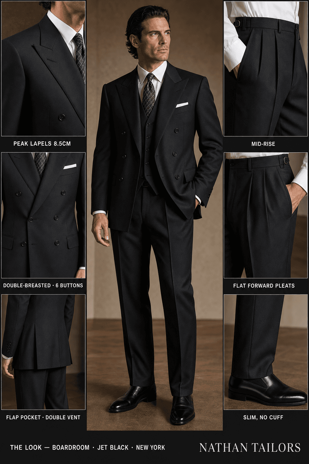 jet black double-breasted peak-lapel online custom suit — designed online at RemoteSuit. Made-to-measure online custom suit available from $129.