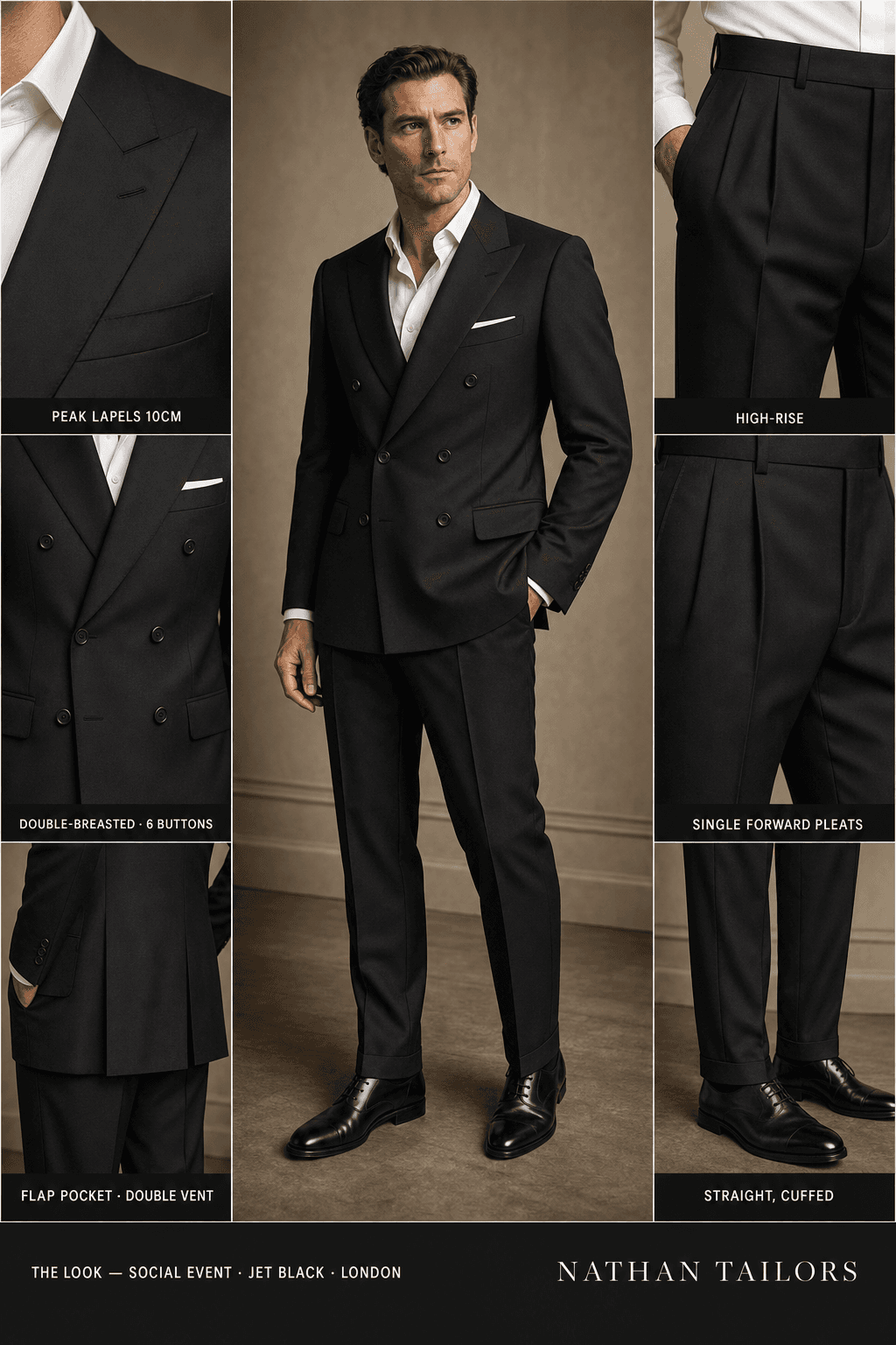 jet black double-breasted peak-lapel online custom suit — designed online at RemoteSuit. Made-to-measure online custom suit available from $149.