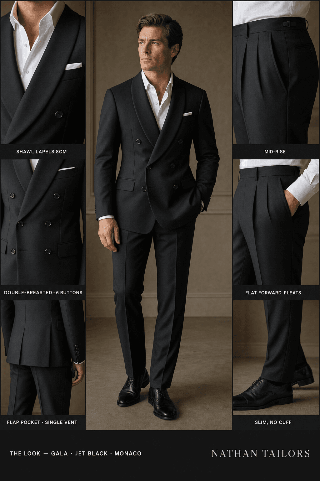 jet black double-breasted online custom suit — designed at RemoteSuit, made to measure online