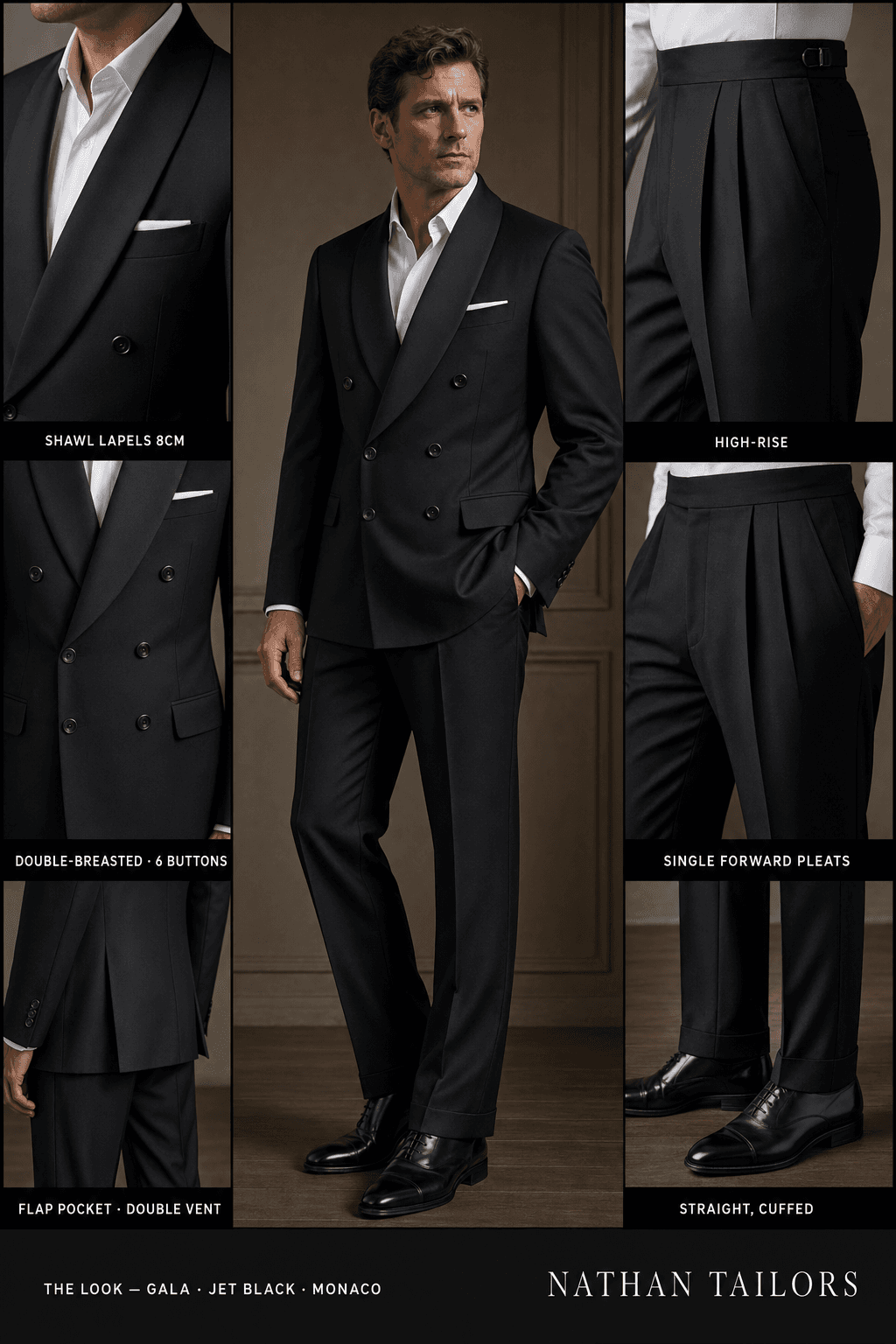 jet black double-breasted online custom suit — designed at RemoteSuit, made to measure online