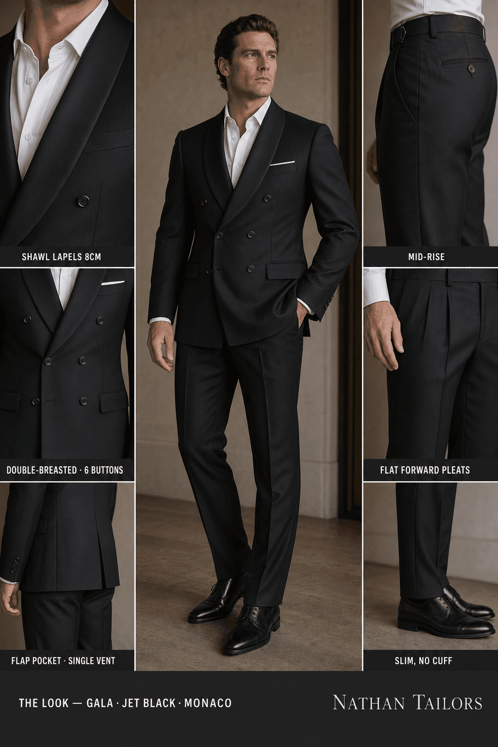 jet black double-breasted online custom suit — designed at RemoteSuit, made to measure online