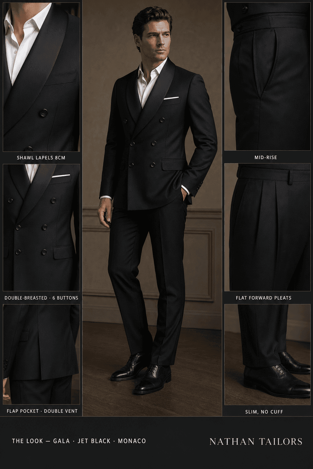 jet black double-breasted online custom suit — designed at RemoteSuit, made to measure online