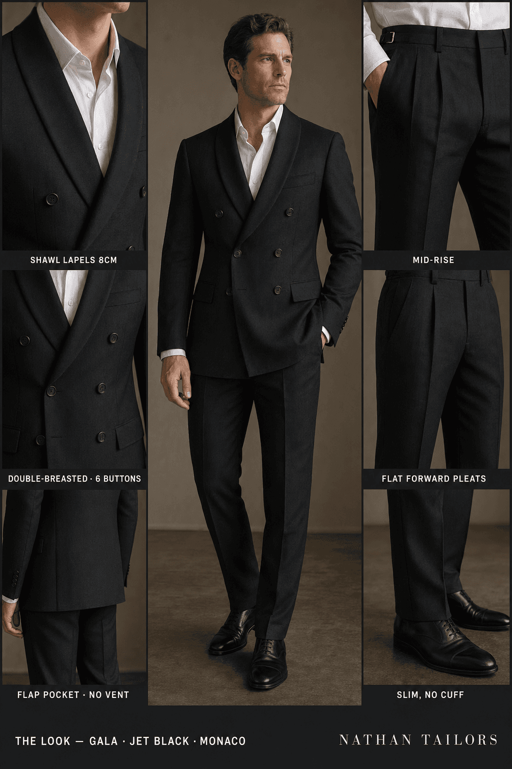 jet black double-breasted online custom suit — designed at RemoteSuit, made to measure online
