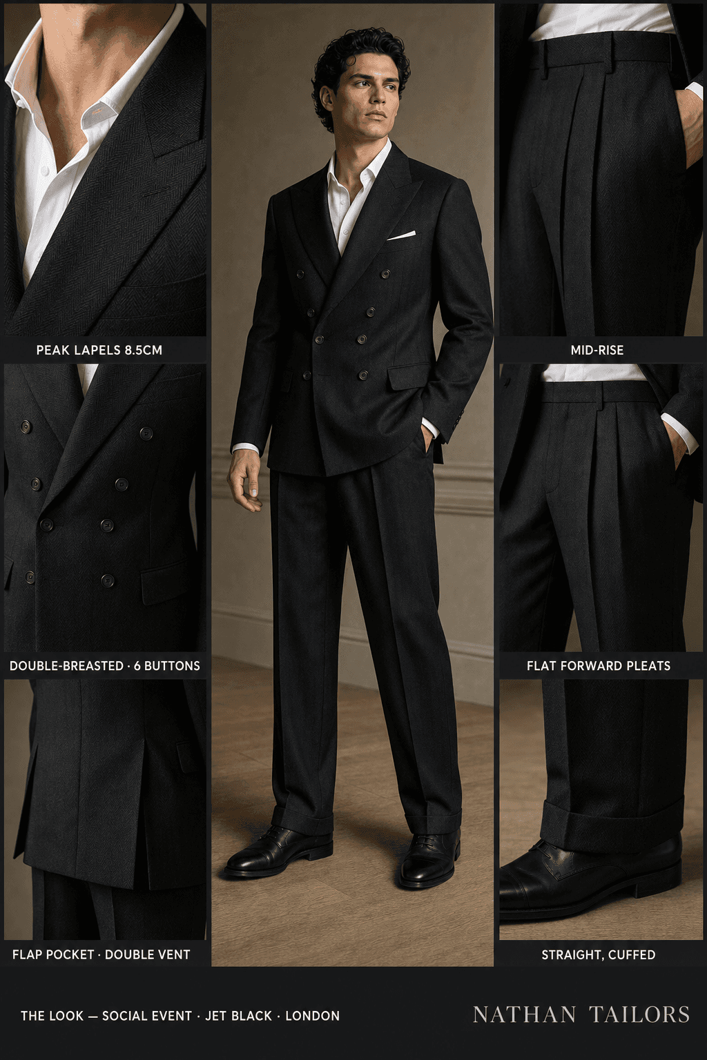 jet black herringbone double-breasted peak-lapel online custom suit — designed online at RemoteSuit. Made-to-measure online custom suit available from $149.
