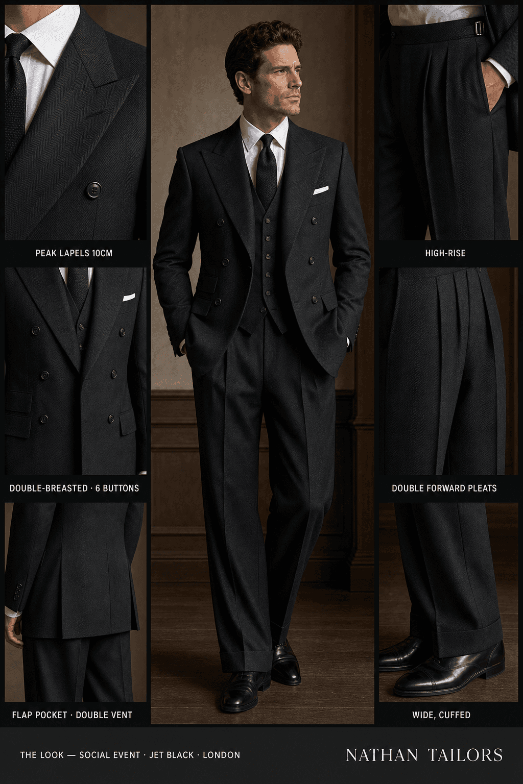 jet black herringbone double-breasted peak-lapel online custom suit — designed online at RemoteSuit. Made-to-measure online custom suit available from $149.
