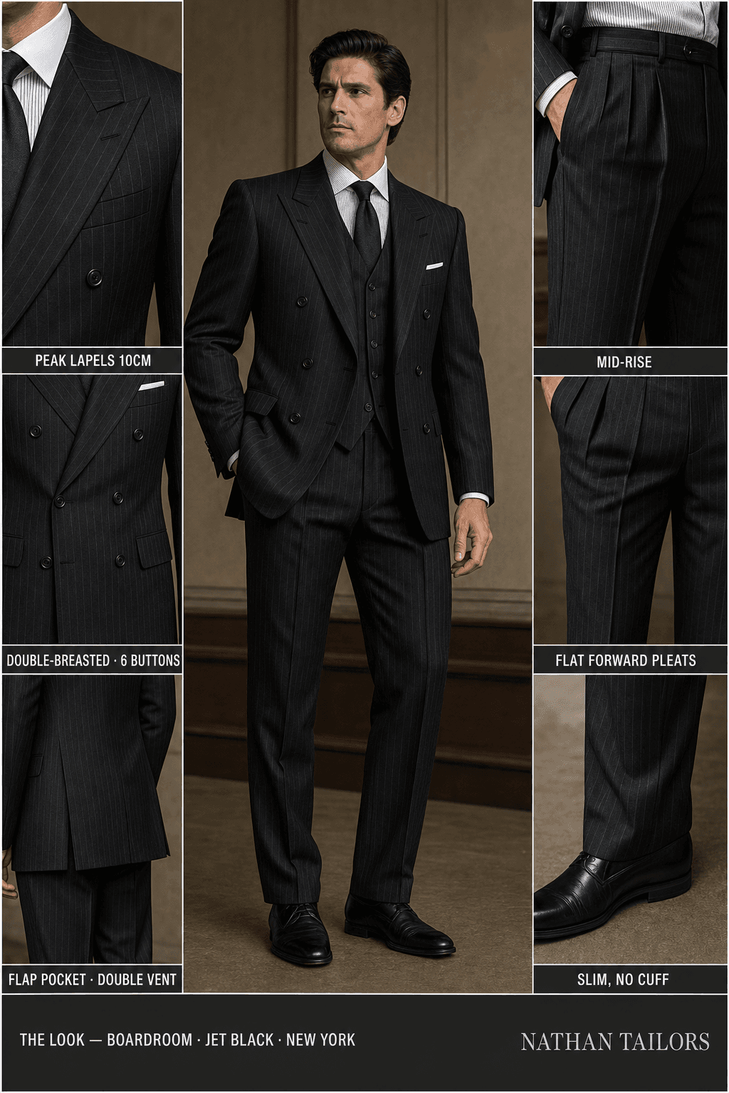 jet black pinstripe double-breasted peak-lapel online custom suit — designed online at RemoteSuit. Made-to-measure online custom suit available from $129.