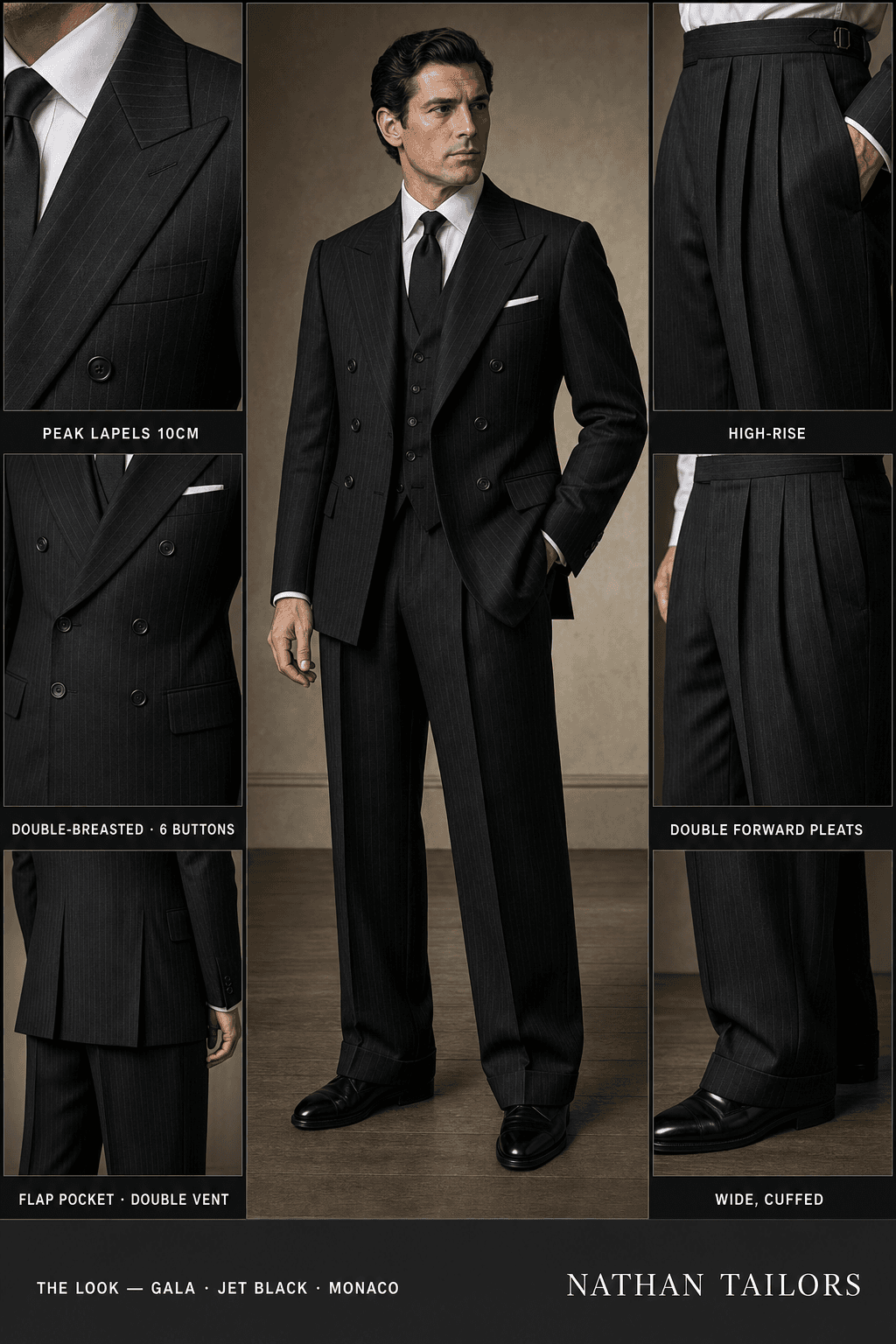 jet black pinstripe double-breasted peak-lapel online custom suit — designed online at RemoteSuit. Made-to-measure online custom suit available from $129.