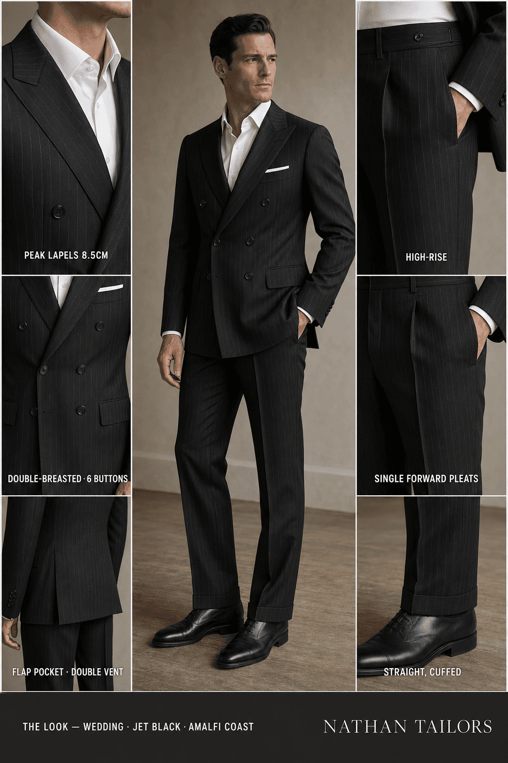jet black double-breasted online custom suit — designed at RemoteSuit, made to measure online