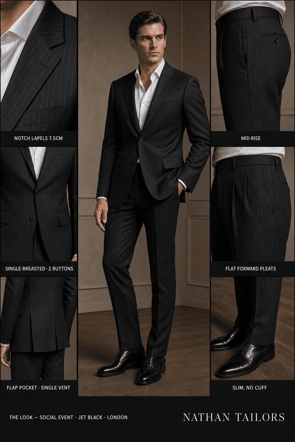 jet black pinstripe single-breasted notch-lapel online custom suit — designed online at RemoteSuit. Made-to-measure online custom suit available from $129.