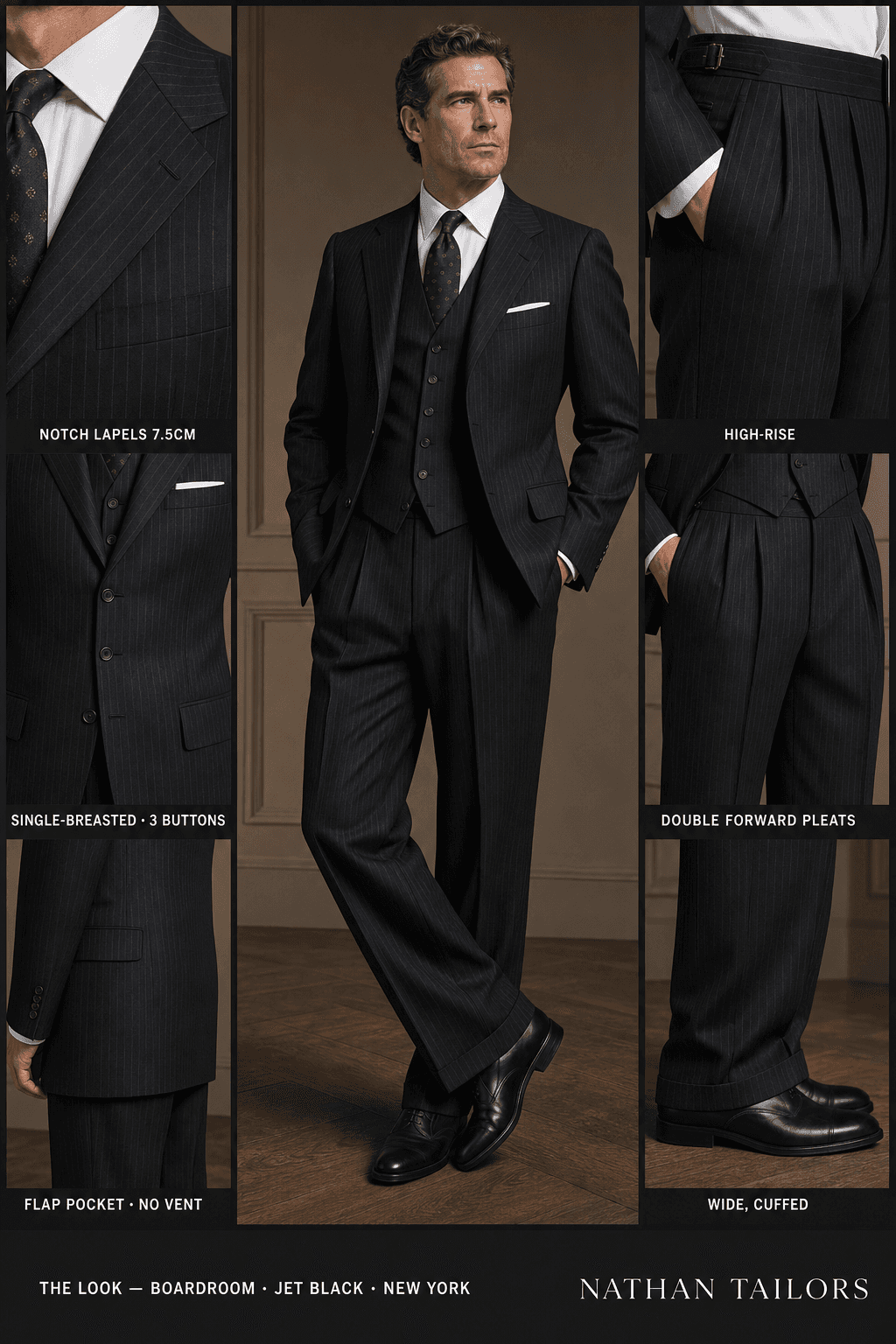 jet black pinstripe single-breasted notch-lapel online custom suit — designed online at RemoteSuit. Made-to-measure online custom suit available from $129.