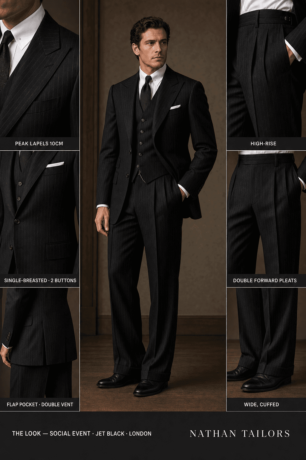 jet black pinstripe single-breasted peak-lapel online custom suit — designed online at RemoteSuit. Made-to-measure online custom suit available from $129.