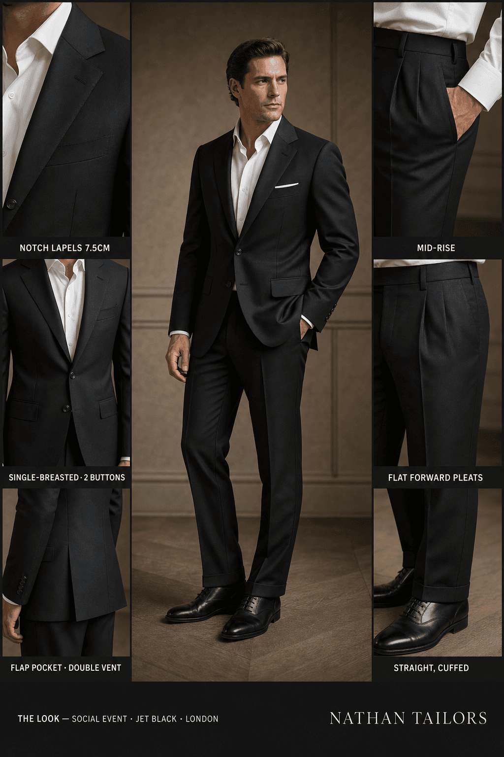 jet black single-breasted notch-lapel online custom suit — designed online at RemoteSuit. Made-to-measure online custom suit available from $129.