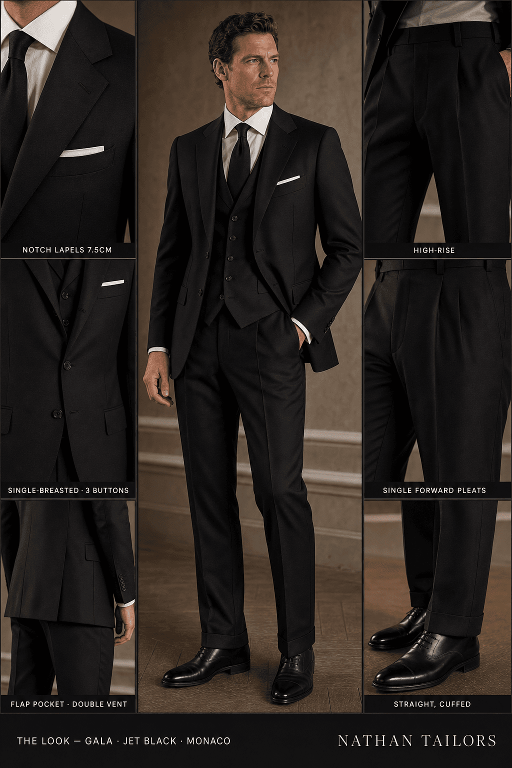 jet black single-breasted notch-lapel online custom suit — designed online at RemoteSuit. Made-to-measure online custom suit available from $129.