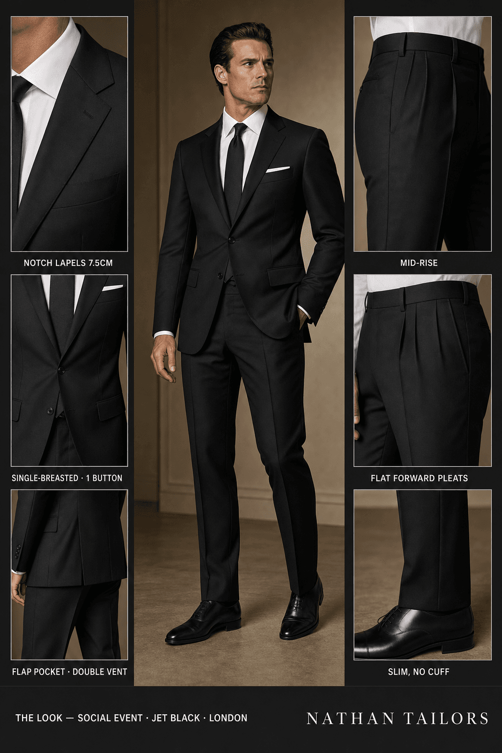 jet black single-breasted notch-lapel online custom suit — designed online at RemoteSuit. Made-to-measure online custom suit available from $129.