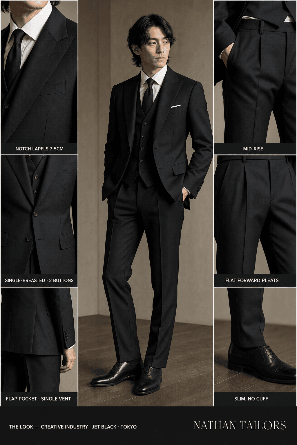 jet black single-breasted notch-lapel online custom suit — designed online at RemoteSuit. Made-to-measure online custom suit available from $149.