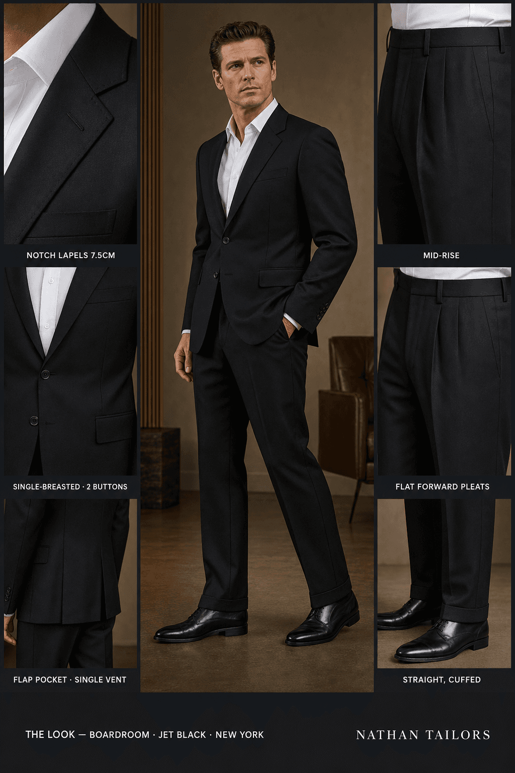 jet black single-breasted notch-lapel online custom suit — designed online at RemoteSuit. Made-to-measure online custom suit available from $129.