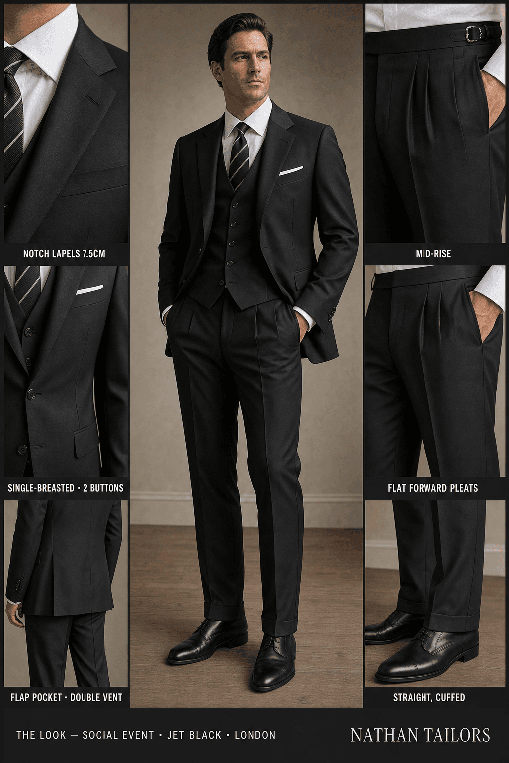 jet black single-breasted notch-lapel online custom suit — designed online at RemoteSuit. Made-to-measure online custom suit available from $129.